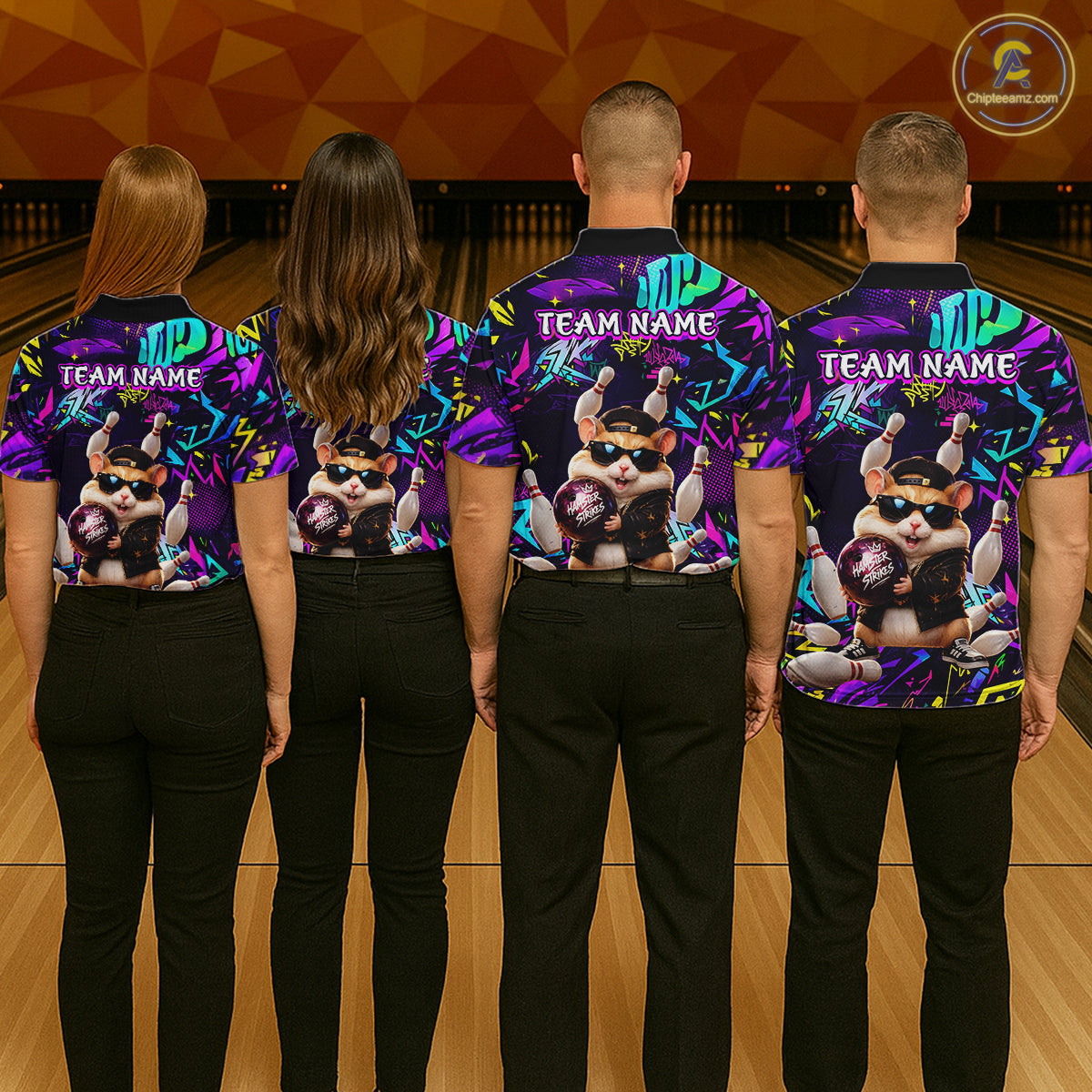 Bowling team wearing matching custom funny hamster purple graffiti jerseys with personalized name - back view