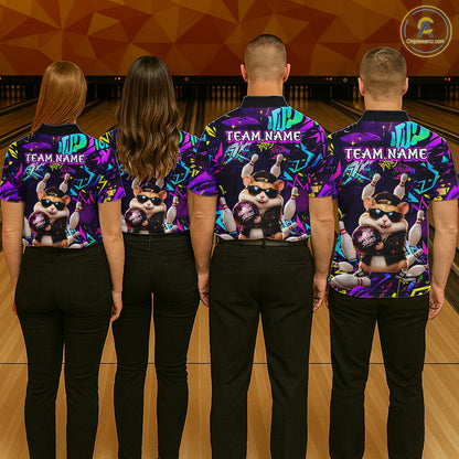 Bowling team wearing matching custom funny hamster purple graffiti jerseys with personalized name - back view