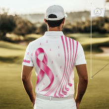 Load image into Gallery viewer, A golfer man in a golf course wearing a white, pink breast cancer ribbon pattern golf polo shirt.