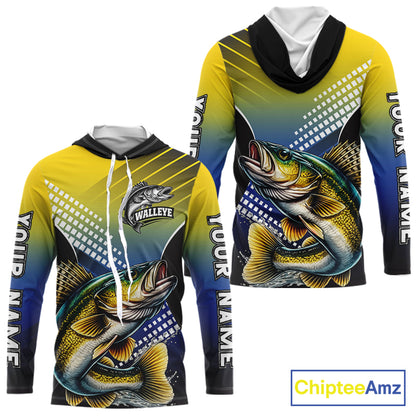 Walleye Long Sleeve Hooded Fishing Shirts Blue And Yellow Camo Custom Name, Walleye Fishing Shirts NBT439