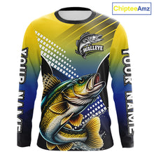 Load image into Gallery viewer, Walleye Fishing Shirts Long Sleeve Blue And Yellow Camo Custom Name, Walleye Fishing Shirts NBT439