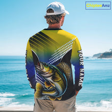 Load image into Gallery viewer, Walleye Fishing Shirts Long Sleeve Blue And Yellow Camo Custom Name, Walleye Fishing Shirts NBT439