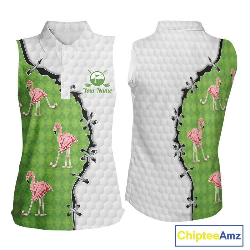 Funny Womens Sleeveless Golf Polo Shirt Green Argyle Flamingo Pattern Custom Name White Golf Shirt NBT558