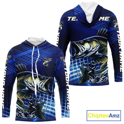Blue Camo Walleye Custom Long Sleeve Hooded Fishing Shirts, Walleye Fishing Shirts NBT446