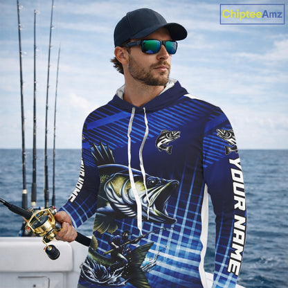 Blue Camo Walleye Custom Long Sleeve Hooded Fishing Shirts, Walleye Fishing Shirts NBT446