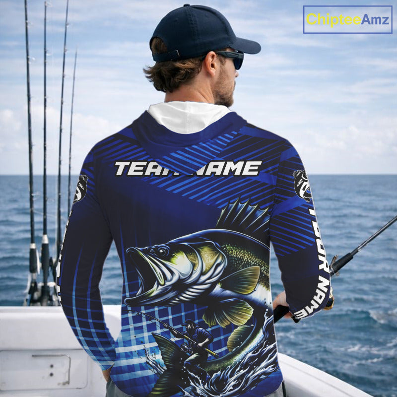 Blue Camo Walleye Custom Long Sleeve Hooded Fishing Shirts, Walleye Fishing Shirts NBT446