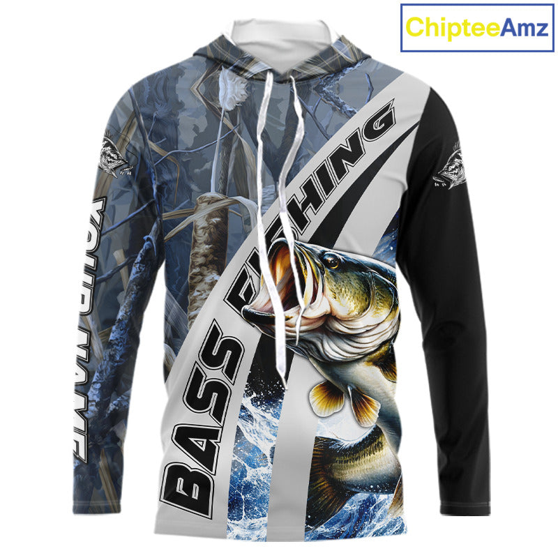 Custom Bass Fishing Grass Camo Long Sleeve Hooded Fishing Shirts, Bass Fishing Tournament Shirts NBT450