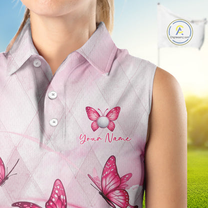 Pink Womens Sleeveless Golf Polo Shirt Custom Butterfly Team Ladies Golf Tops, Golf Gifts NBT596
