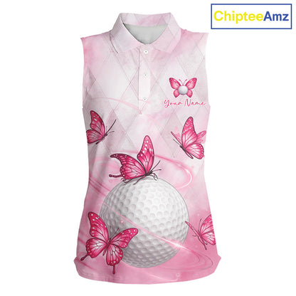 Pink Womens Sleeveless Golf Polo Shirt Custom Butterfly Team Ladies Golf Tops, Golf Gifts NBT596