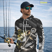 Load image into Gallery viewer, Personalized Bass Long Sleeve Hooded Fishing Shirts Anchor Vector Custom Name Black Camo, Bass Fishing Shirts NBT472