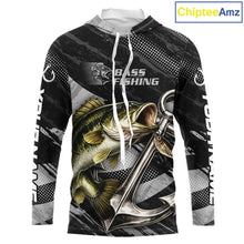 Load image into Gallery viewer, Personalized Bass Long Sleeve Hooded Fishing Shirts Anchor Vector Custom Name Black Camo, Bass Fishing Shirts NBT472