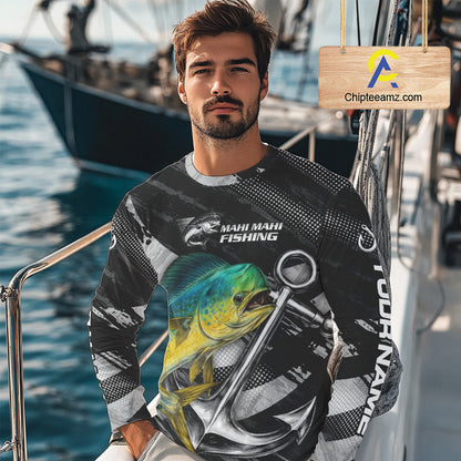 Personalized Mahi Mahi Fishing Long Sleeve Anchor Vector Custom Name Black Camo, Saltwater Fishing Shirts NBT474
