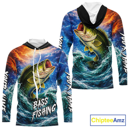 Personalized Bass Thunder And Lightening Long Sleeve Hooded Fishing Shirts, Custom Bass Fishing Jerseys NBT378