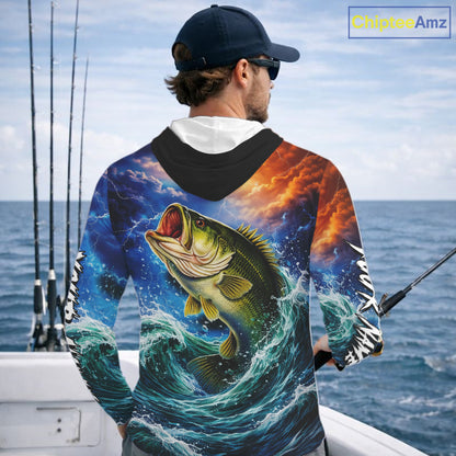 Personalized Bass Thunder And Lightening Long Sleeve Hooded Fishing Shirts, Custom Bass Fishing Jerseys NBT378