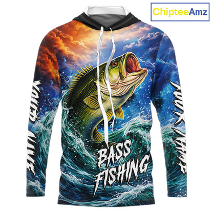 Personalized Bass Thunder And Lightening Long Sleeve Hooded Fishing Shirts, Custom Bass Fishing Jerseys NBT378