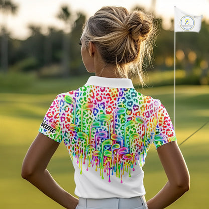Womens Golf Polo Shirts Colorful Neon Watercolor Leopard Custom Name White Golf Shirts NBT509
