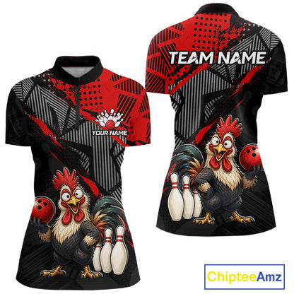 Custom Red Funny Rooster Bowling Shirt For Women Bowling Jersey Polo & Quarter-Zip Bowling Outfit NBT927