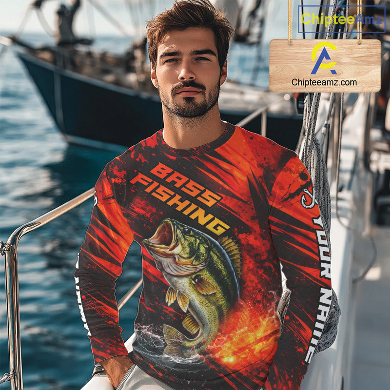 Personalized Fishing Bass Long Sleeve Fishing Shirts Orange Custom Nam, Fishing Shirts For Men NBT382