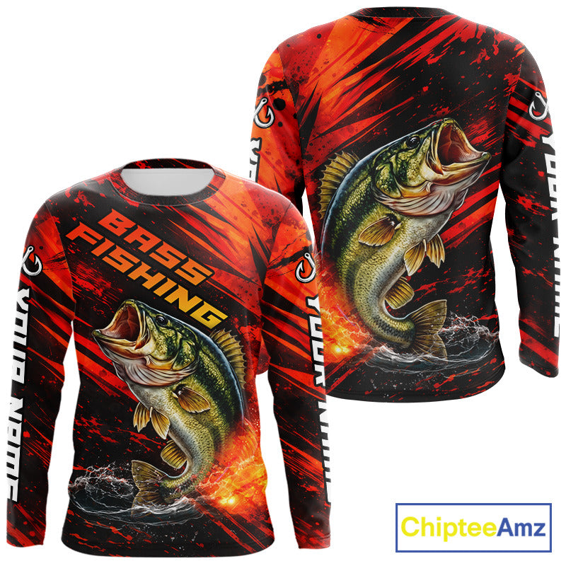 Personalized Fishing Bass Long Sleeve Fishing Shirts Orange Custom Nam, Fishing Shirts For Men NBT382
