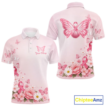 Custom Name Pink Butterfly Floral Pattern Breast Cancer Month Lady Golfer Men's Polo Shirt NBT529