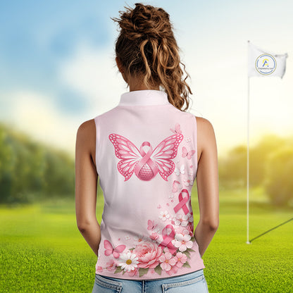 Custom Name Pink Butterfly Floral Pattern Breast Cancer Month Lady Golfer Women's Sleeveless Polo Shirt NBT529