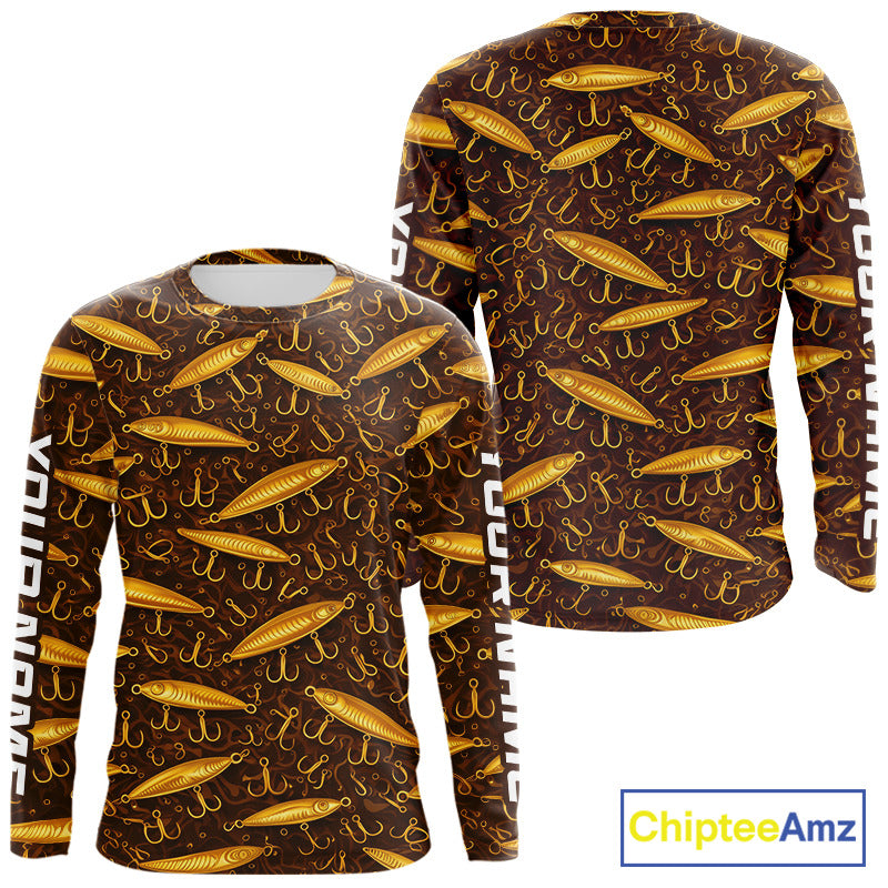 Custom Fishing Lure Yellow Long Sleeve Fishing Shirts For Men Custom Name, Mens Fishing Outfit NBT388