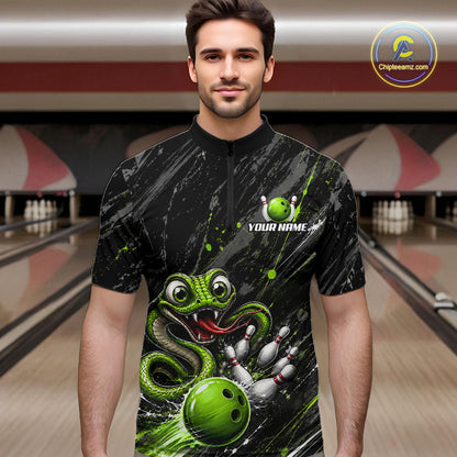 Custom Black And Green Snake Bowling Men Polo & 1/4 Quarter Zip Shirt, Bowling Team Tournament Jerseys NBT935