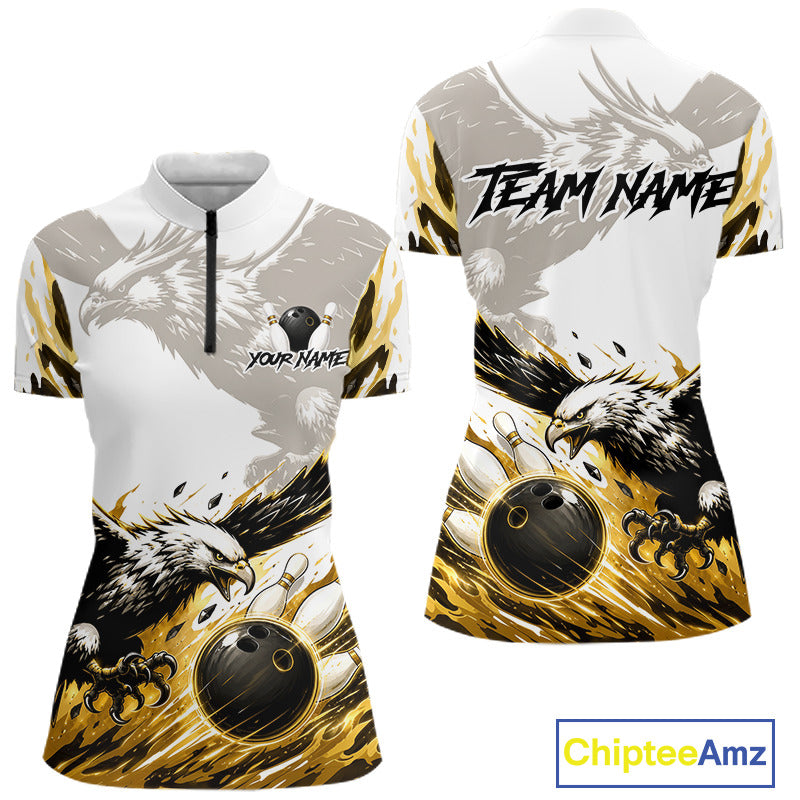 Black Gold Eagle Bowling Women Custom Name Polo & 1/4 Quarter Zip Shirt, Team Eagle Bowling League Shirts NBT938