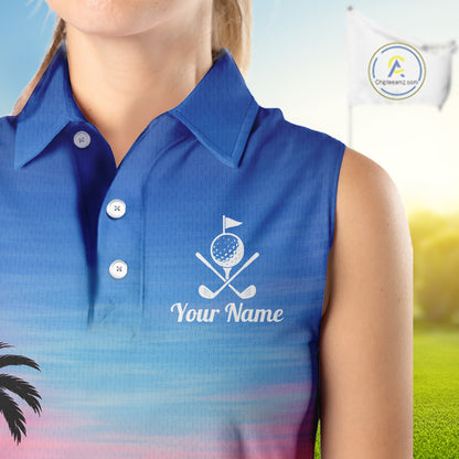 Custom Palm Tree Sleeveless Golf Polo Shirts For Women, Hawaii Tropical Personalized Polo Shirts, Golf Gifts NBT543