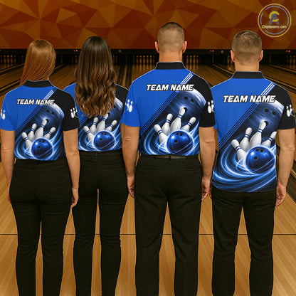 Personalized Blue Bowling Jersey Bowling Polo Shirt For Men, Team Bowling League Shirts NBT943