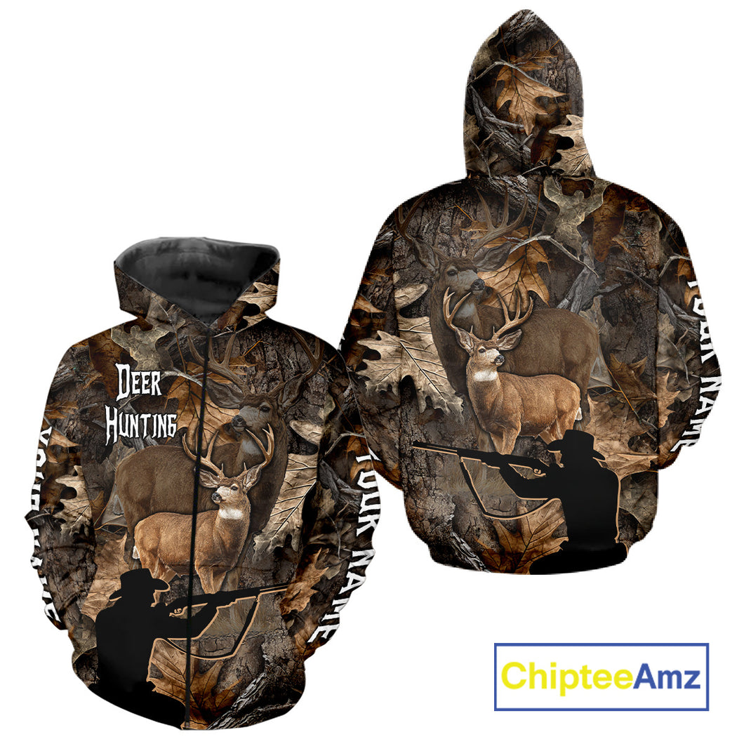 Whitetail Deer Hunting Brown Camo with Hunter 3D Print Custom Name Shirts, Hunting Gift NBT269