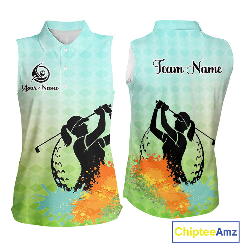 Womens Sleeveless Golf Polo Shirt Colorful Argyle Pattern Custom Name And Team Name Golf Shirt, Golfing Gifts NBT559