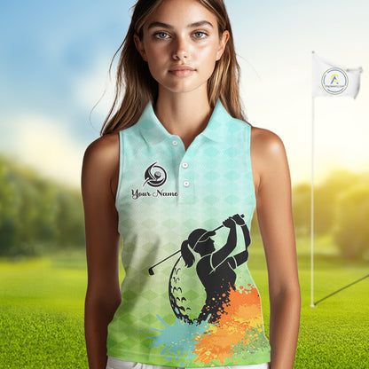 Womens Sleeveless Golf Polo Shirt Colorful Argyle Pattern Custom Name And Team Name Golf Shirt, Golfing Gifts NBT559