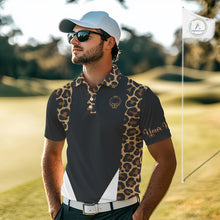 Load image into Gallery viewer, Mens Golf Polo Shirts Brown Leopard Pattern Black Golf Shirt Custom Name Golf Wear For Mens NBT560