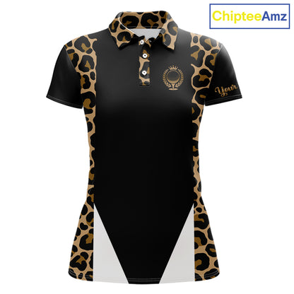 Womens Golf Polo Shirts Brown Leopard Pattern Black Golf Shirt Custom Name Golf Wear For Ladies NBT560