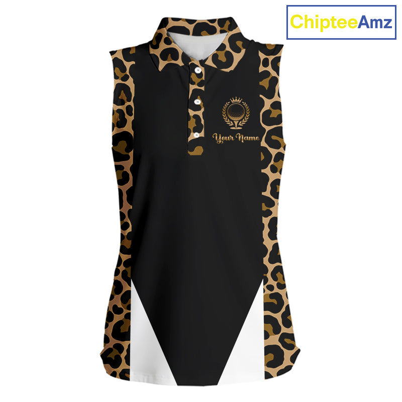 Womens Sleeveless Golf Polo Shirts Brown Leopard Pattern Black Golf Shirt Custom Name Golf Wear For Womens NBT560