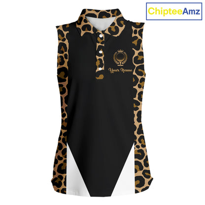Womens Sleeveless Golf Polo Shirts Brown Leopard Pattern Black Golf Shirt Custom Name Golf Wear For Womens NBT560
