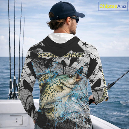 Custom American Flag Crappie Fishing Shirts Long Sleeve with Hood, Crappie Patriotic Fishing Shirt NBT471