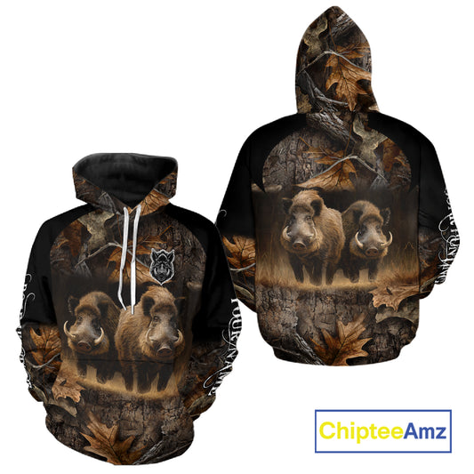 Wild Boar Hunting Forest Camouflage 3D Custom Name Shirts, Boar Hunting Gift Ideas for Hunters NBT224