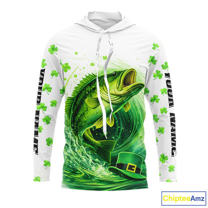 Personalized St Patrick's Day Shirts Largemouth Bass Fishing Long Sleeve Hooded, Custom Bass Fishing Jerseys NBT383