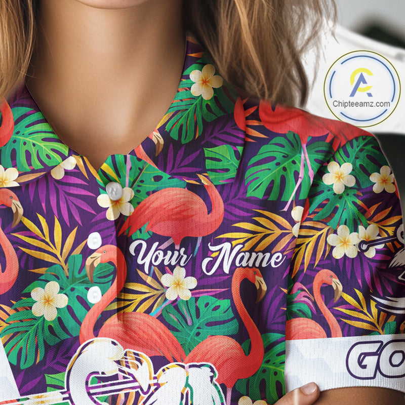 Women Golf Polo Shirts Colorful Floral Flamingo Pattern Tropical Leaves Custom Name Team Golf Shirts NBT524