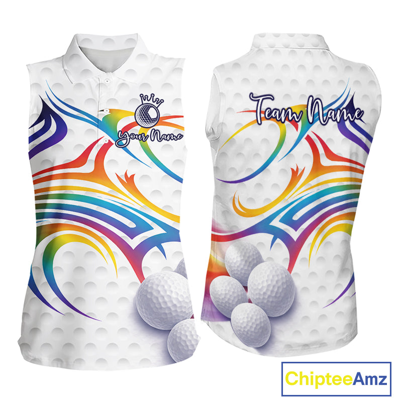 Rainbow Color Womens Sleeveless Golf Polo Shirts Golf Ball Pattern Custom Name, White Golf Shirt For Women NBT545