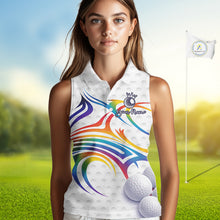 Load image into Gallery viewer, Rainbow Color Womens Sleeveless Golf Polo Shirts Golf Ball Pattern Custom Name, White Golf Shirt For Women NBT545