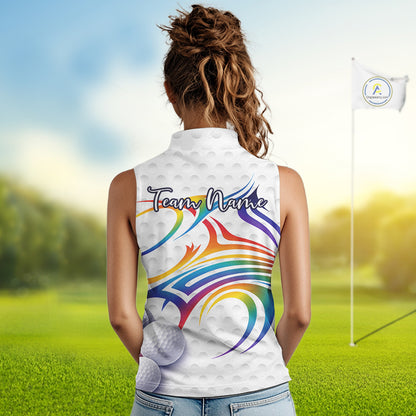 Rainbow Color Womens Sleeveless Golf Polo Shirts Golf Ball Pattern Custom Name, White Golf Shirt For Women NBT545