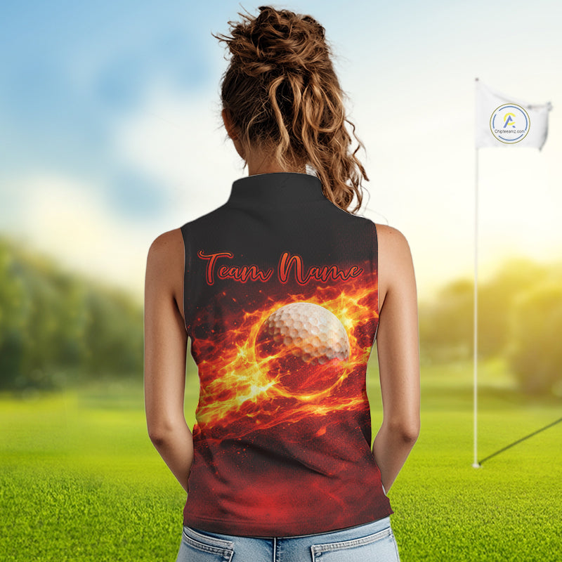 Womens Sleeveless Golf Polo Shirts Golf Ball Fire Custom Name, Golf Shirts For Women, Ladies Golf Top NBT548