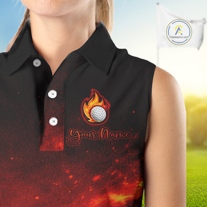 Womens Sleeveless Golf Polo Shirts Golf Ball Fire Custom Name, Golf Shirts For Women, Ladies Golf Top NBT548
