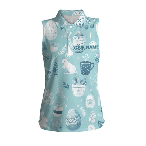 Blue Funny Easter Eggs & Bunnies Womens Sleeveless Polo Shirt Custom Easter Day Golf Tops For Women LDT1334