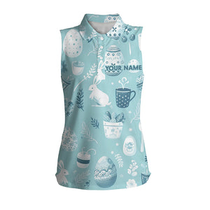 Blue Funny Easter Eggs & Bunnies Womens Sleeveless Polo Shirt Custom Easter Day Golf Tops For Women LDT1334