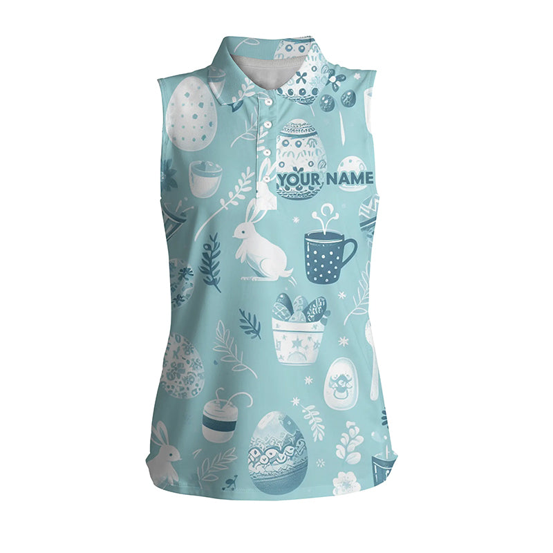 Blue Funny Easter Eggs & Bunnies Womens Sleeveless Polo Shirt Custom Easter Day Golf Tops For Women LDT1334