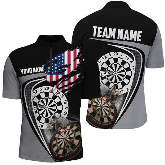 Black Grey American Flag Darts Quarter Zip Shirt Custom Patriotic Dart Jerseys For Men LDT1385
